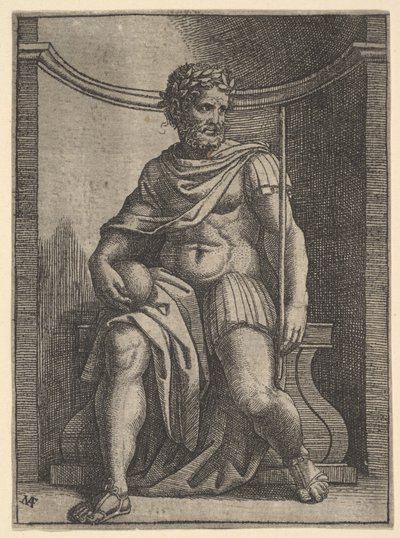Ein römischer Kaiser sitzt in einer Nische, hält einen Globus und ein Zepter und schaut nach..., ca. 1500-1534 von Marcantonio Raimondi