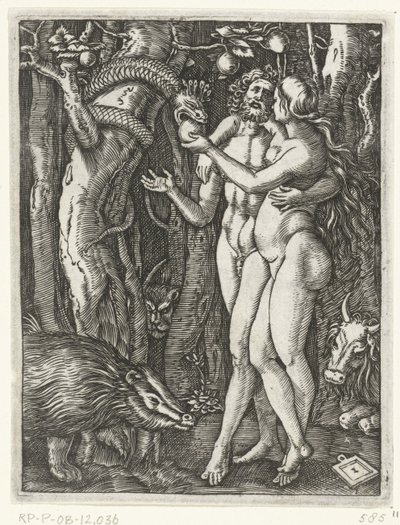 Adam und Eva beim Sündenfall im Paradies von Marcantonio Raimondi