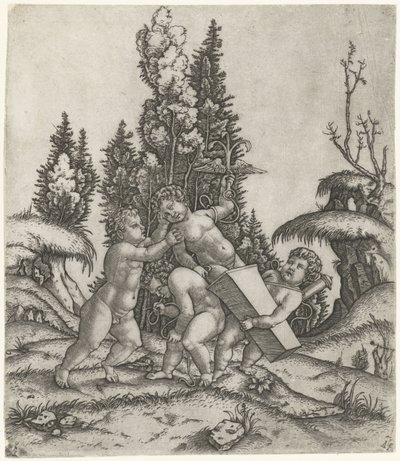 Amor und zwei Putti oder Kinder tragen eine Statue von Putti mit geflügeltem Anker auf einem Sockel von Marcantonio Raimondi