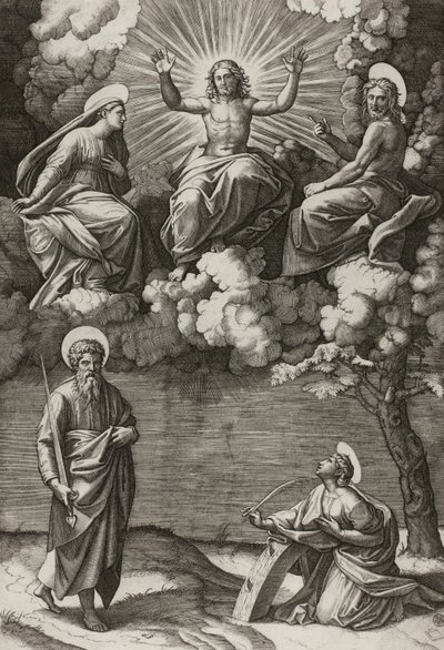 Christus, die Jungfrau und Johannes der Täufer mit den Heiligen Paulus und Katharina von Marcantonio Raimondi