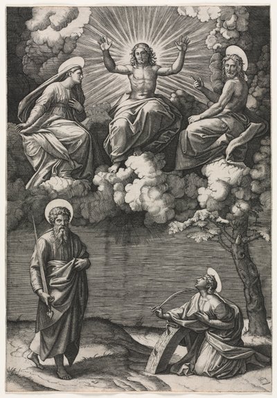 Christus, die Jungfrau und Johannes der Täufer mit den Heiligen Paulus und Katharina, ca. 1520-1525 von Marcantonio Raimondi