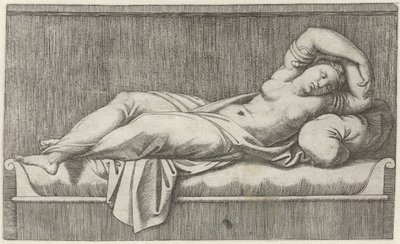 Cleopatra halbnackt auf einem Bett liegend von Marcantonio Raimondi
