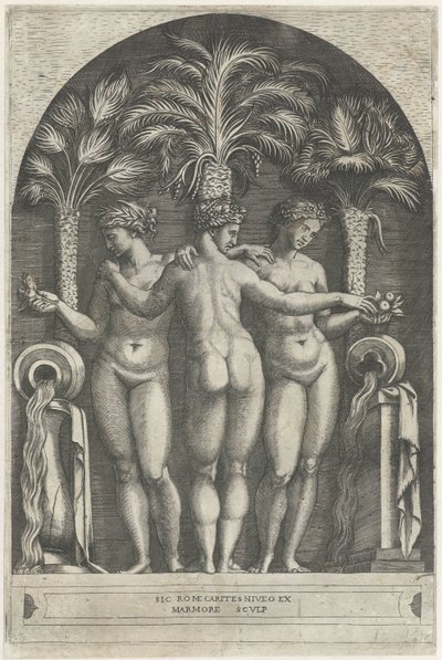 Drei Grazien stehend in einer Nische vor drei Palmen und flankiert von Krügen, aus denen Wasser fließt von Marcantonio Raimondi