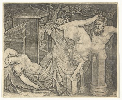 Fragment eines Bacchanals mit Satyrfrau und Herm und schlafender Bacchantin von Marcantonio Raimondi
