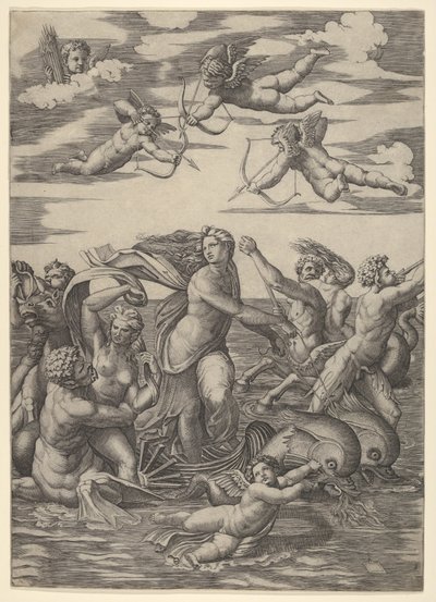 Galatea steht in einem Wasserwagen, gezogen von zwei Delfinen, umgeben von Tritonen, Nereiden..., 1515-16 von Marcantonio Raimondi