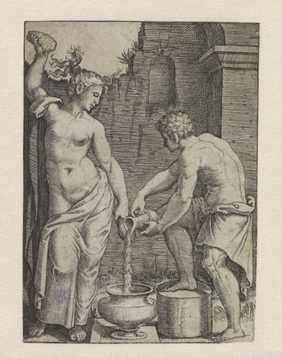 Halbnackte Frau wäscht sich mit Schwämmen und männlicher Diener schenkt Wasser in ein Fass von Marcantonio Raimondi