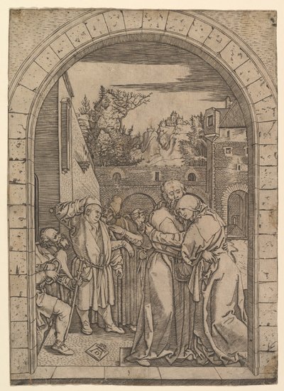 Joachim umarmt die heilige Anna unter dem goldenen Tor in Jerusalem, nach Dürer, ca. 1500-1534 von Marcantonio Raimondi