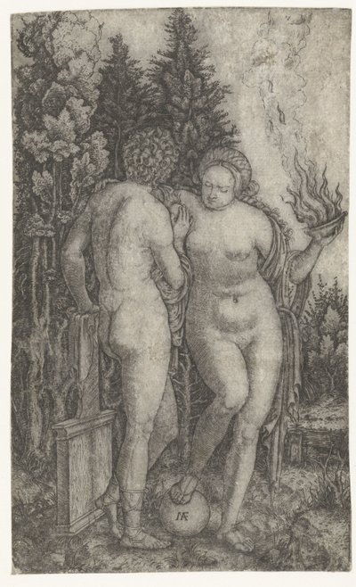 Junger Mann geschützt von Frau mit Globus und Opferschale als Personifikation des Glücks (Fortuna) von Marcantonio Raimondi