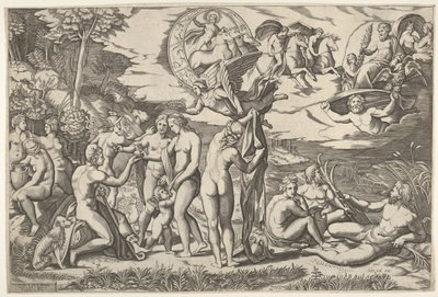 Urteil des Paris: Paris streckt seine Hand nach Venus aus, die zwischen Juno und..., ca. 1520-50 von Marcantonio Raimondi
