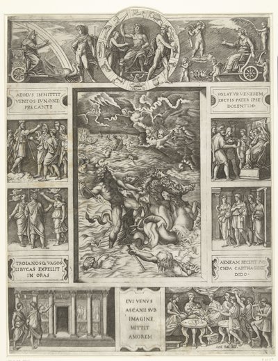 Jupiter beruhigt den Sturm auf See in rechteckiger Umrahmung mit neun Szenen aus dem Epos Aeneis von Marcantonio Raimondi