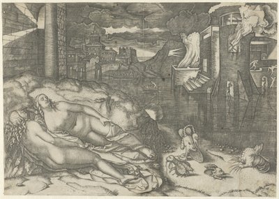 Landschaft mit zwei nackten schlafenden Frauen und Fantasietieren am Ufer bei einem brennenden Gebäude von Marcantonio Raimondi