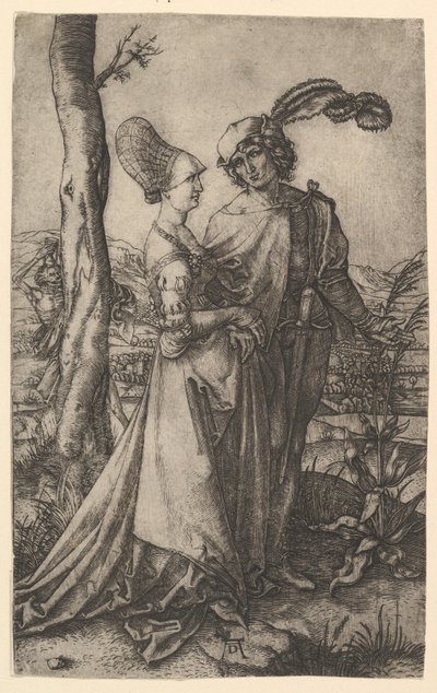 Herr und Dame spazieren mit der Figur des Todes, die sich hinter einem Baum versteckt und eine Sanduhr hält, ca. 1500-1534 von Marcantonio Raimondi