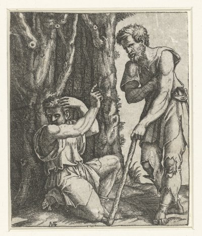 Mann kniet und wendet sich von Bettler am Waldrand ab von Marcantonio Raimondi