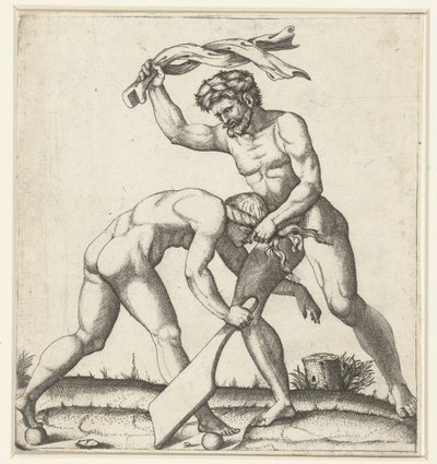 Mann kämpft mit Frau als Personifikation des Glücks (Fortuna) von Marcantonio Raimondi
