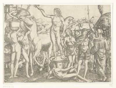 Nackter Mann mit Fackel auf Sockel umgeben von nackten Männern mit Pferd und Vase und Soldat flankiert von Tugenden Vorsicht und Liebe von Marcantonio Raimondi