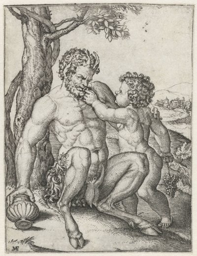 Pan mit Trinkbecher und Bacchus als Kind mit Trauben von Marcantonio Raimondi