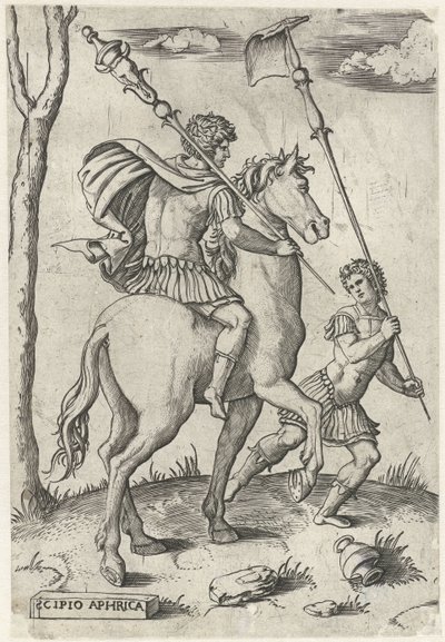 Römische Generäle Scipio Africanus Maior zu Pferd und Scipio Africanus Minor Römische Helden zu Pferd (Serientitel) von Marcantonio Raimondi