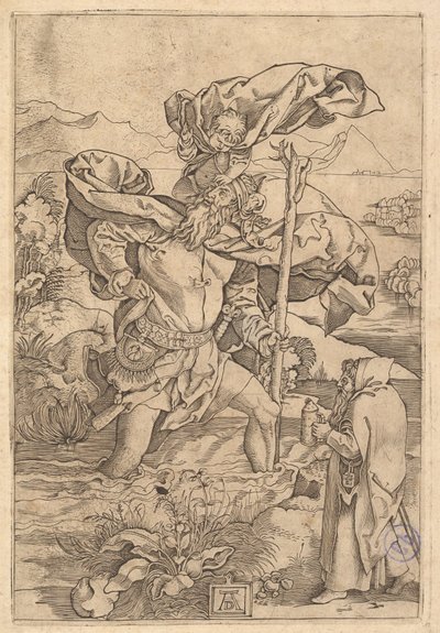 Der heilige Christophorus überquert den Fluss mit Christus in Form eines Putto auf seiner Schulter, ca. 1500-1534 von Marcantonio Raimondi