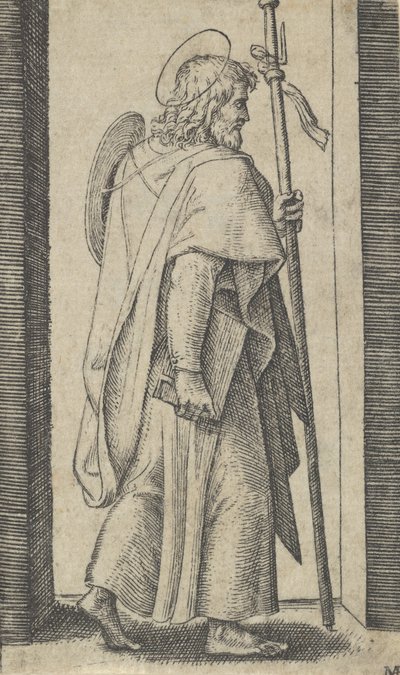 Heiliger Jakobus der Ältere, Buch in seiner rechten Hand, Stab in seiner linken, ca. 1500-1527 von Marcantonio Raimondi