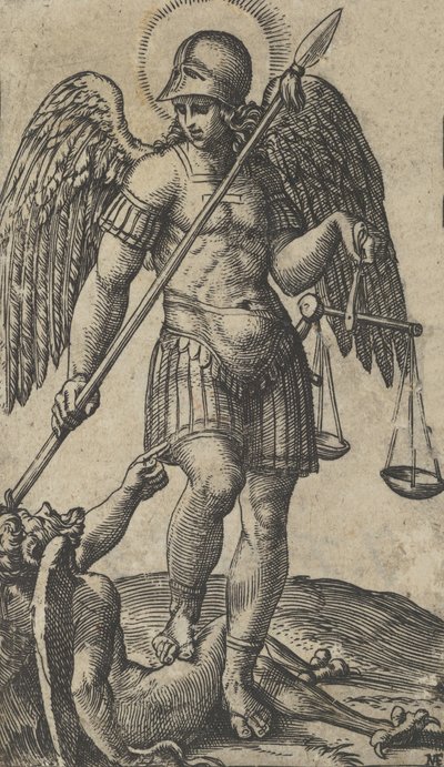 Heiliger Michael mit Waage und Lanze, ein Dämon unter ihm, aus der Serie 