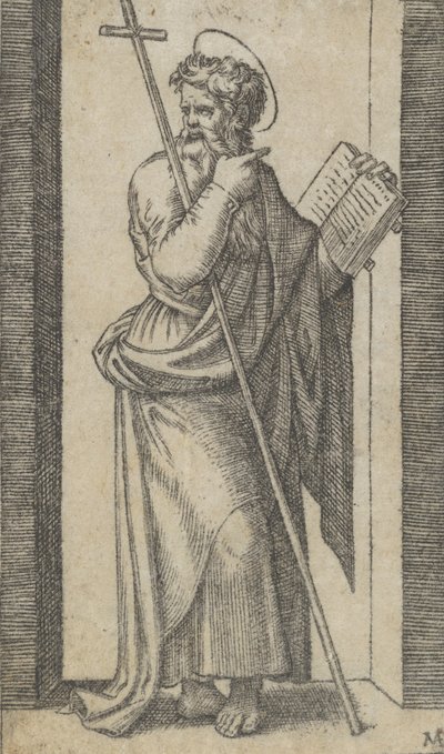 Heiliger Philippus, Buch in der linken Hand, Stab ruht auf dem linken Arm, aus der Serie..., ca. 1500-1527 von Marcantonio Raimondi