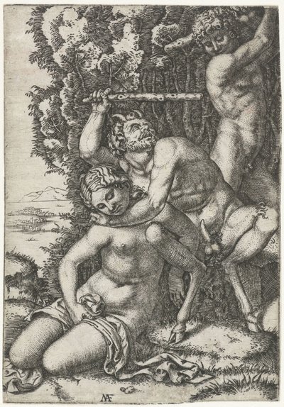 Satyr und Jüngling kämpfen um eine Nymphe von Marcantonio Raimondi