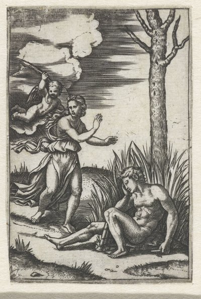 Schlafender Mann und Nymphe von Amor verfolgt von Marcantonio Raimondi