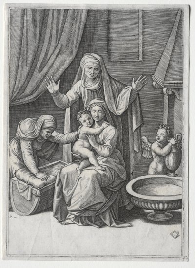 Die Jungfrau und die Wiege mit der Heiligen Elisabeth und der Heiligen Anna, 1520 von Marcantonio Raimondi
