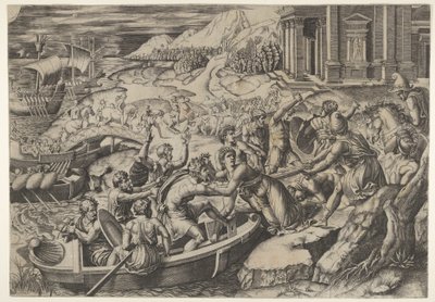 Die Entführung der Helena, Kampfszene an einem Ufer mit zwei Männern, die Helena in ein Boot ziehen, ca. 1520-27 von Marcantonio Raimondi