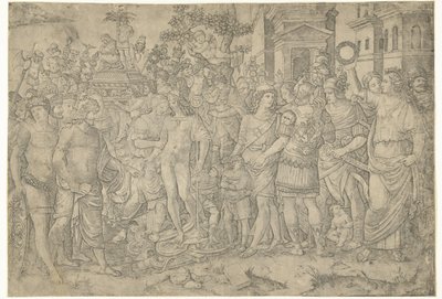 Triumphzug eines römischen Kaisers mit Soldaten und erbeuteten Rüstungen von Marcantonio Raimondi