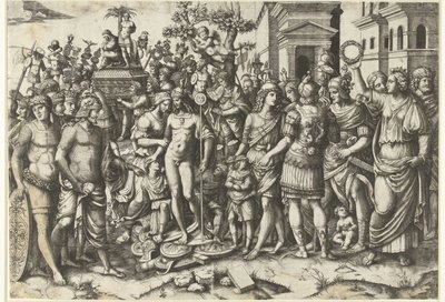 Triumphzug eines römischen Kaisers mit Soldaten und erbeuteten Rüstungen von Marcantonio Raimondi