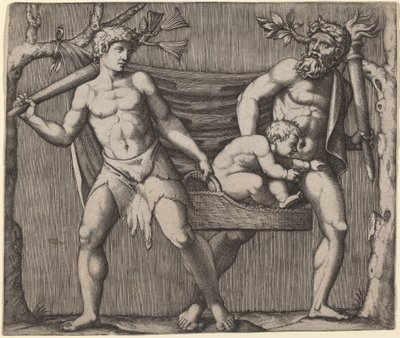 Zwei Faune tragen ein Kind von Marcantonio Raimondi