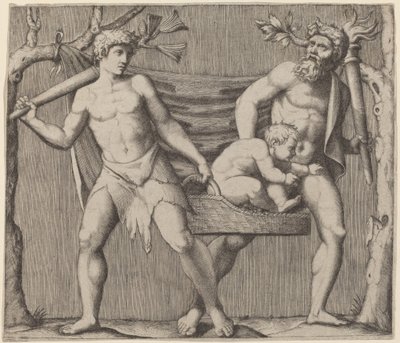 Zwei Faune tragen ein Kind von Marcantonio Raimondi
