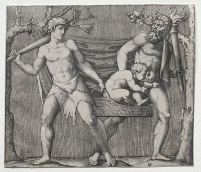 Zwei Faune tragen ein Kind in einem Korb von Marcantonio Raimondi