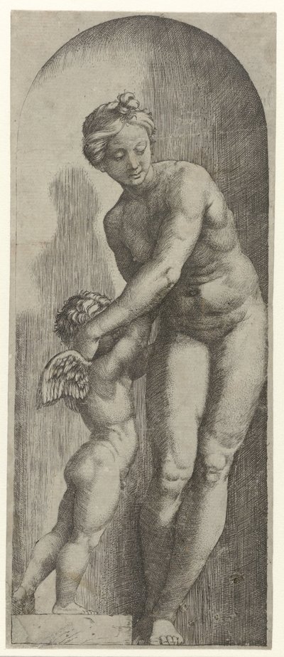Venus und Amor stehend in einer Nische von Marcantonio Raimondi