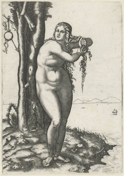 Venus steht am Wasser und wringt Wasser aus ihrem Haar von Marcantonio Raimondi