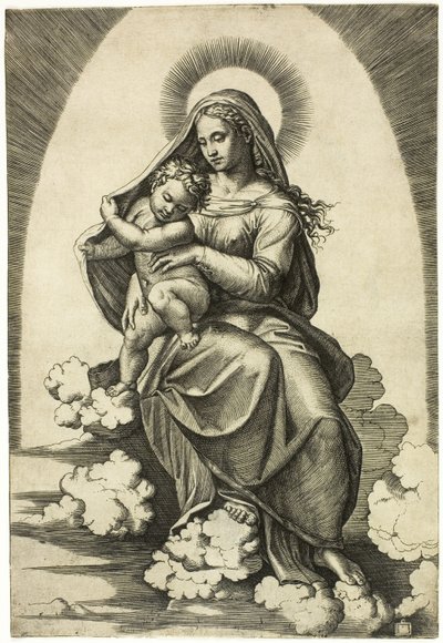 Jungfrau und Kind auf Wolken sitzend von Marcantonio Raimondi