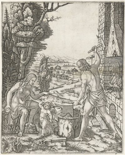 Vulkan schmiedet Pfeile und Flügel für Amor in Anwesenheit von Venus von Marcantonio Raimondi