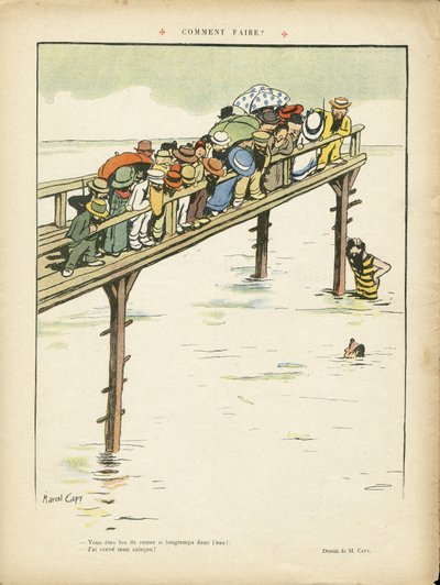 Illustration von Marcel Capy (1865-1941) in Le Rire, 24/08/12 - Wie macht man das? - Freizeit, Architektur Stadtplanung, Marine Marine Seaside, Schwimmen Schwimmen Schwimmen, Menge von Marcel Amable O.L. Capy