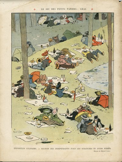 Illustration von Marcel Capy (1865-1941) in Le Rire, 28/05/10 - Das Spiel der kleinen Papiere... fettig - Hobbys, Picknick, Gastronomie von Marcel Amable O.L. Capy