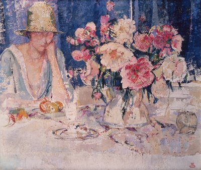 Frau an einem Tisch voller Blumen von Marcel Jefferys