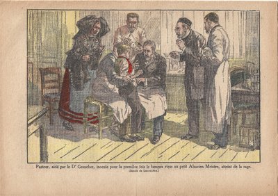 Pasteur, unterstützt von Dr. Grancher, impfte das berühmte Virus zum ersten Mal bei dem kleinen Elsässer, der an Tollwut erkrankt war, Le Pèlerin, 5/11/1922 (Druck) von Marcel Lecoultre