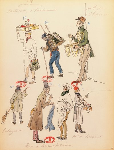 Kostümskizze für Statisten in der Oper La Bohème von Giacomo Puccini, Aufführung an der Pariser Opéra-Comique, 13. Juni von Marcel Multzer