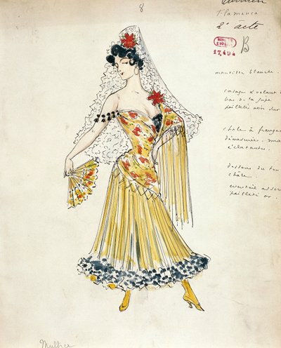 Frankreich, Paris, Kostümentwurf für Flamencotänzer für Carmen von Georges Bizet von Marcel Multzer
