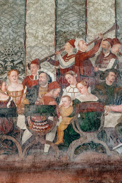 Bankett, Detail des Besuchs von Christian I. von Dänemark bei Bartolomeo Colleoni, Ehrensaal von Marcello or Romani Girolamo (Romanino) (c.1485 c.1566) (attr.to) Fogolino
