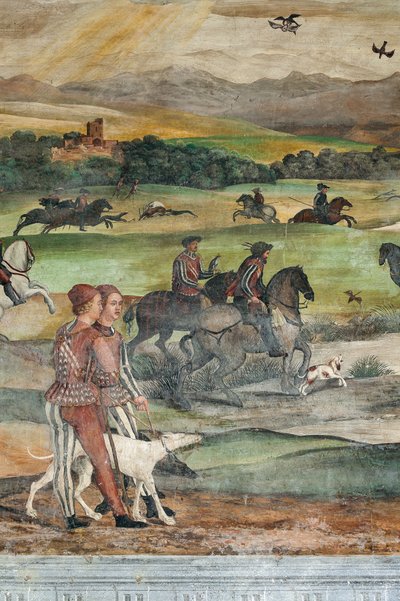 Jagdszene, Detail des Besuchs von Christian I. von Dänemark bei Bartolomeo Colleoni, Ehrensaal von Marcello or Romani Girolamo (Romanino) (c.1485 c.1566) (attr.to) Fogolino