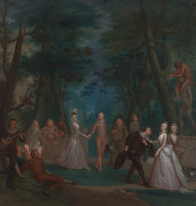 Szene in einem Park mit Figuren aus der Commedia dell