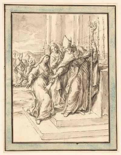 Ein Bischof und zwei Nonnen an einem Altar, mit einem Bischof, der im Hintergrund eine besessene Frau heilt von Marco Benefial