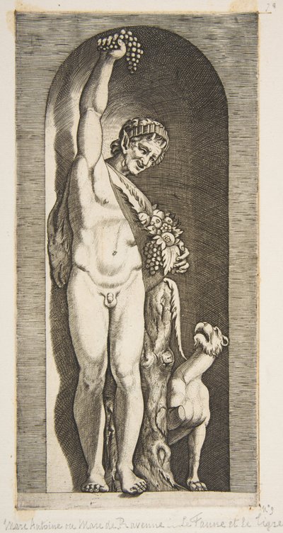 Ein Faun, der in einer Nische steht und eine Traube hochhält von Marco Dente