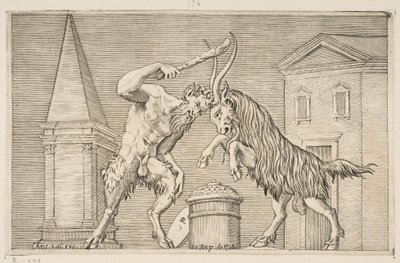 Ein Satyr und ein Widder, die sich gegenseitig angreifen, der Satyr schwingt einen Knüppel mit seiner rechten Hand, ca. 1515-27 von Marco Dente